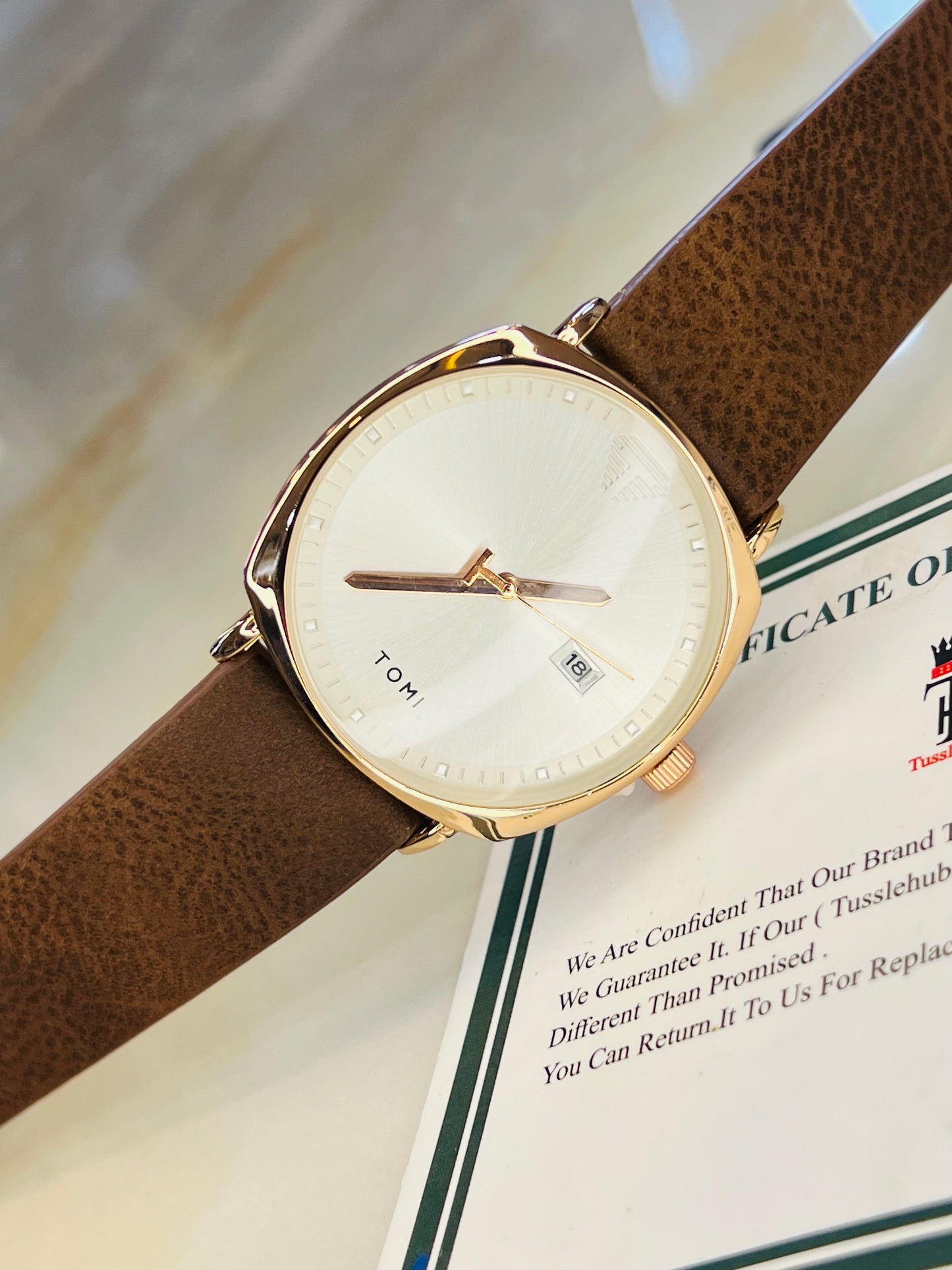 Tomi Brown White Sleek Dial Watch