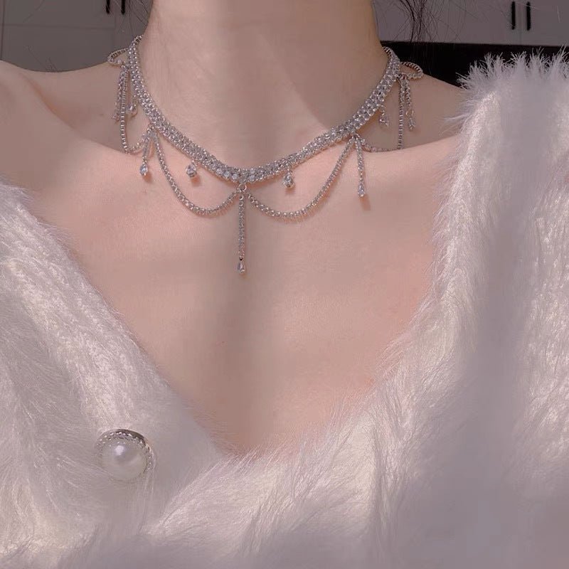 Super flash full diamond crystal tassel necklace