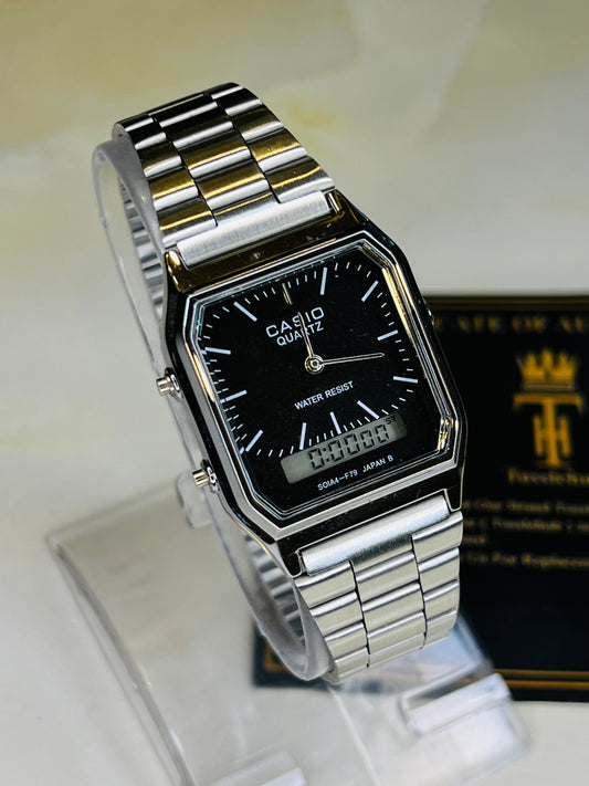 Silver Black Casio Dual Time Watch For Her