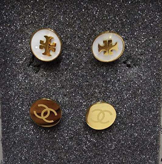 Gold Stainless Steel Logo Stud Earrings – 2 Pair Set